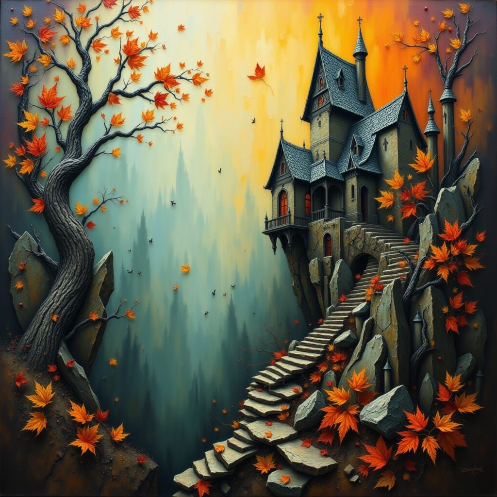Majestic Castle on Cliff Above Autumn Leaves in Warm Tones