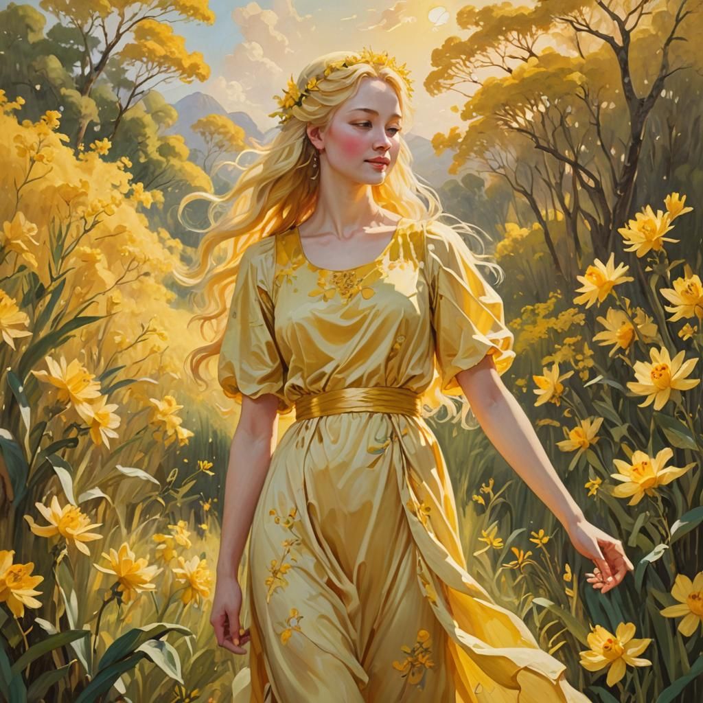 Radiant Yellow Goddess in Dreamy Landscape, Oil Painting