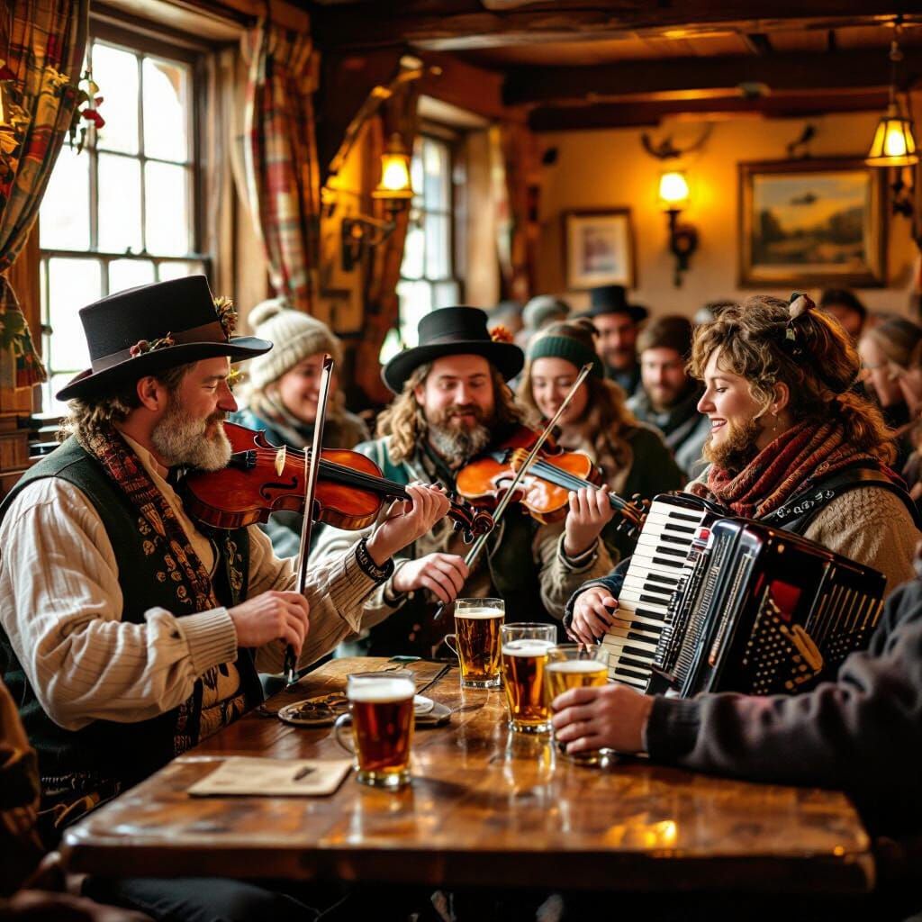 Musicians Play in Irish Pub in Illustrative Style