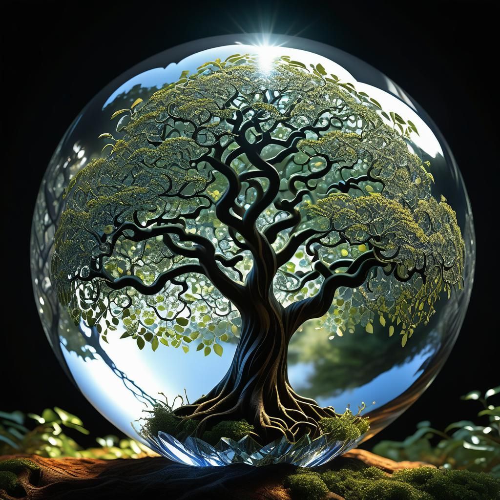 A majestic tree with gnarled branches within a crystal ball.