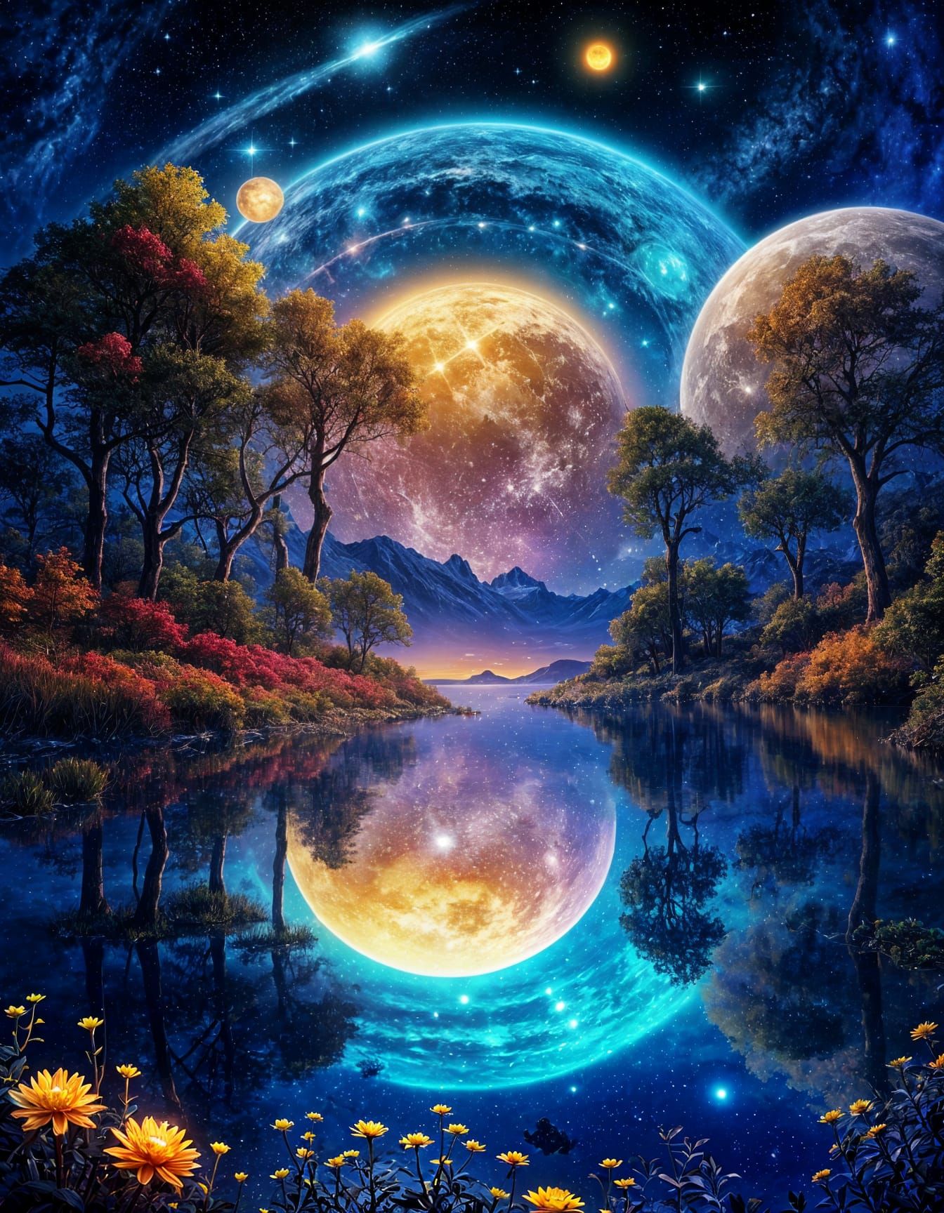 Surreal Night Landscape with Giant Glowing Planet