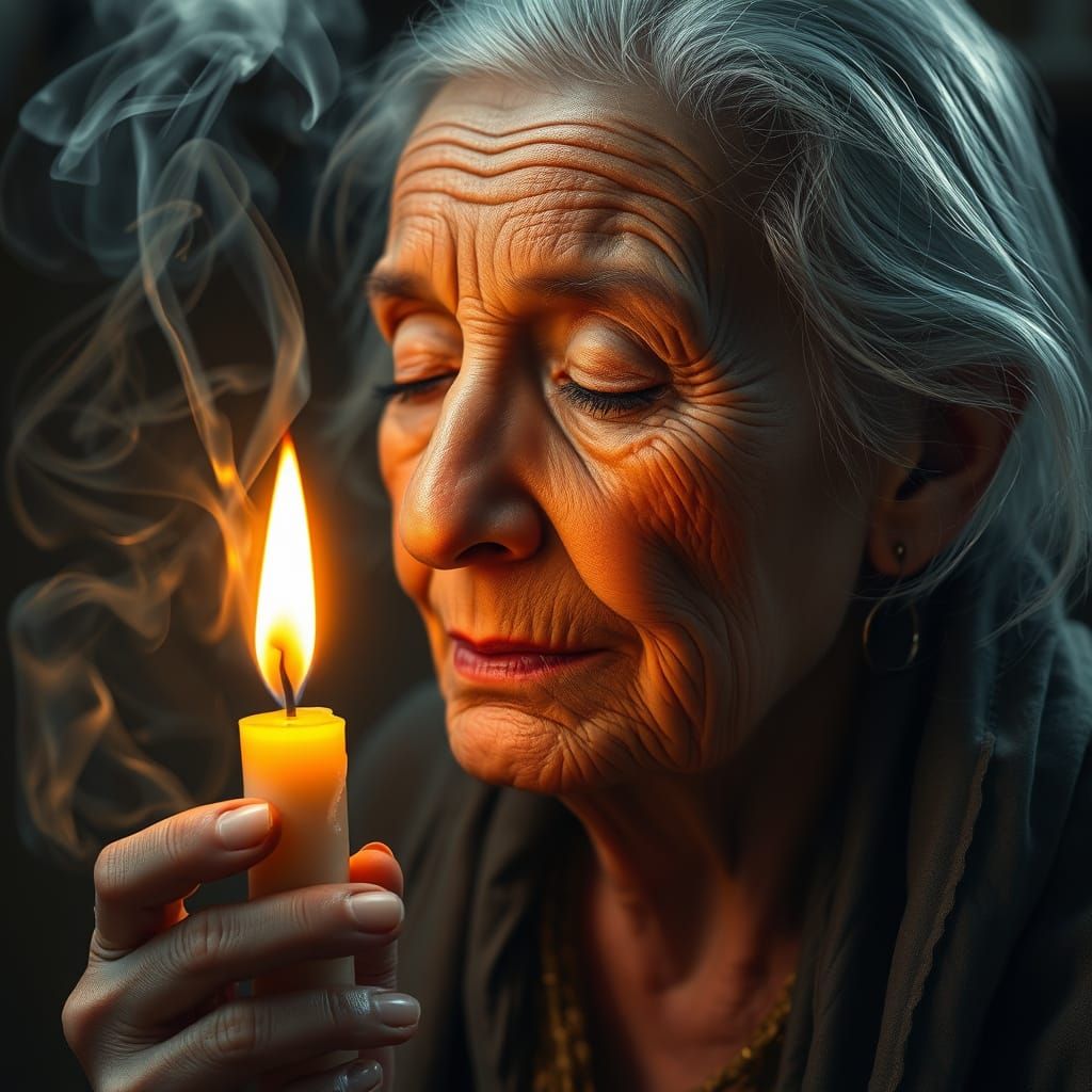 Elderly Woman Lost in Thought with Candlelit Memories