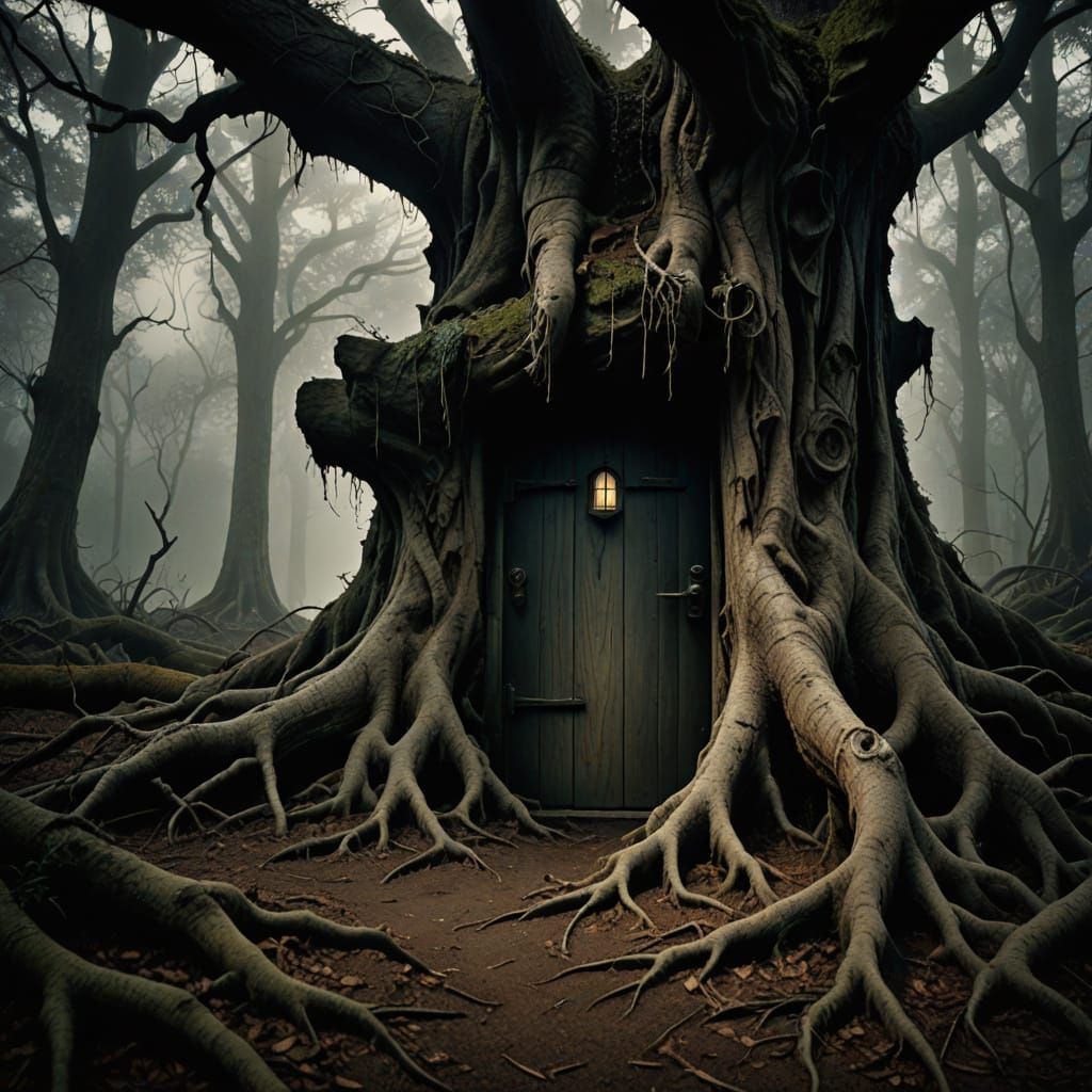 Ominous Forest Door in Dark Fantasy Style