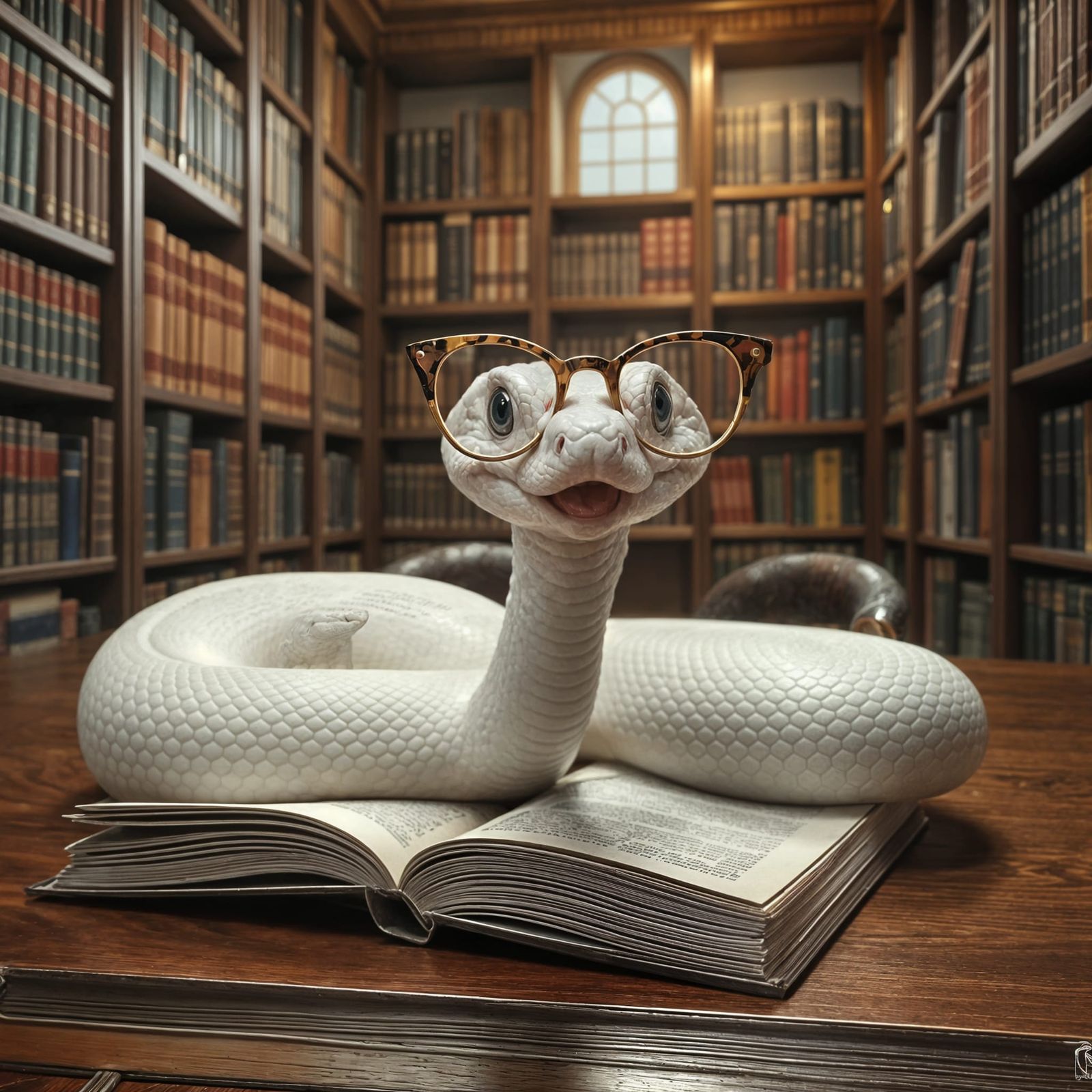 A Delightful Library Scene with a Happy Reading Snake