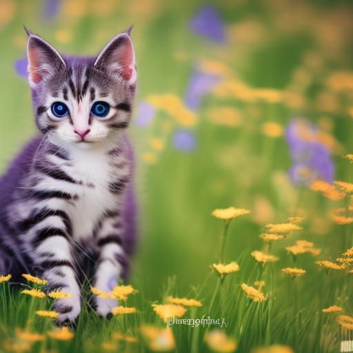 Watercolor Kitten Playing in Magical Flower Meadow