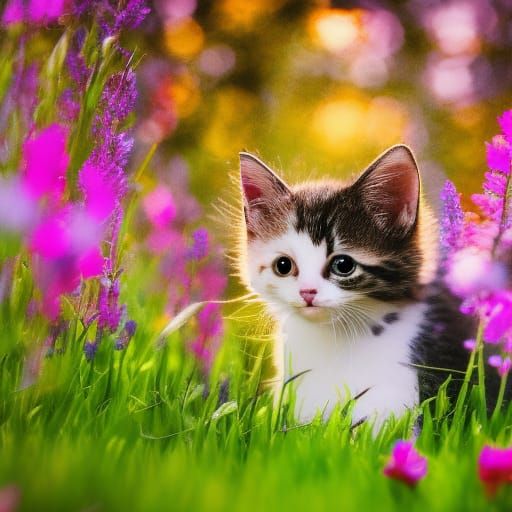 Watercolor Kitten in Magical Flower Meadow
