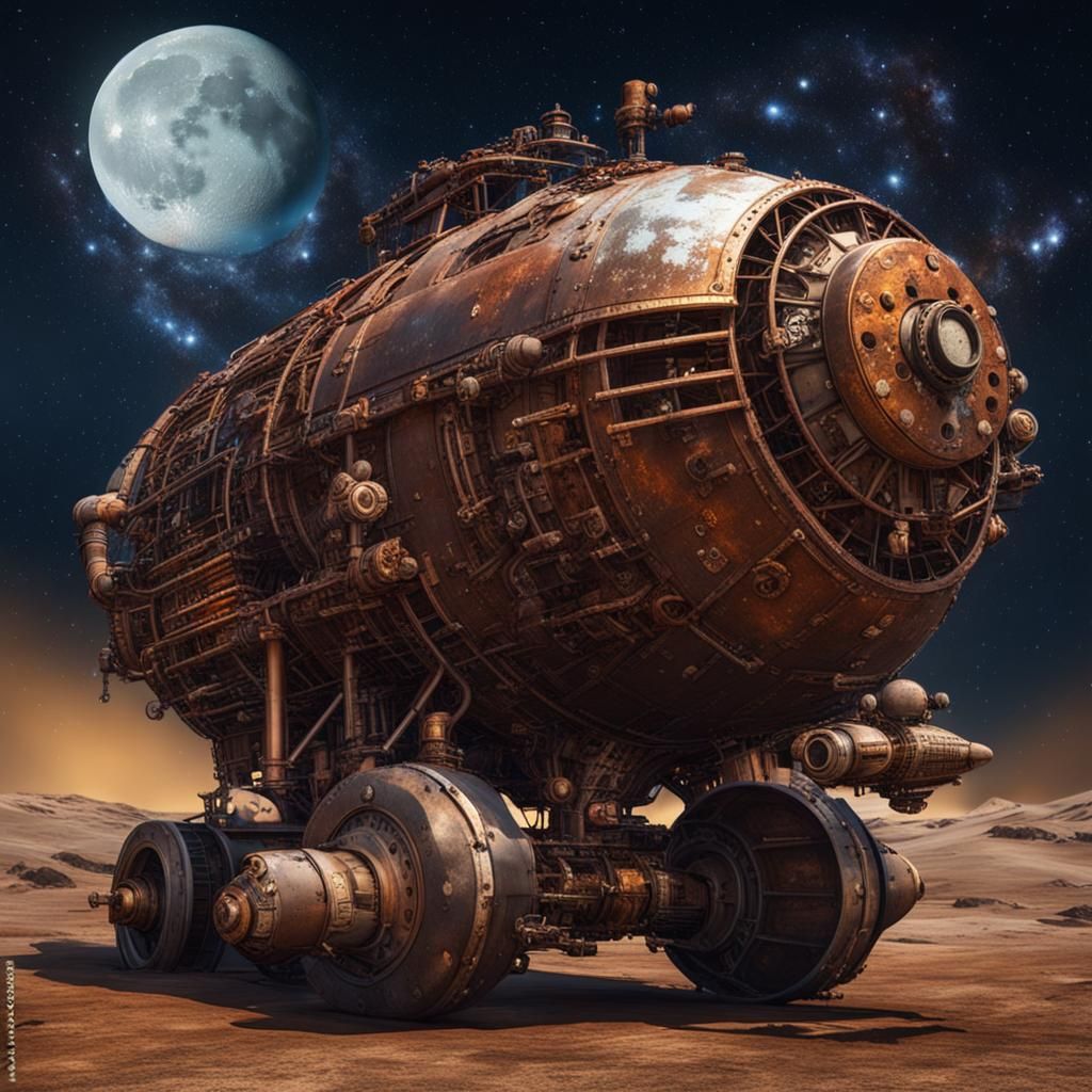 Rusty Steampunk Spaceship with Moon and Milky Way