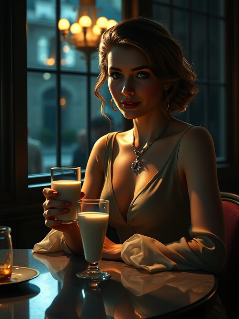 Elegant Woman with Milk: A Cinematic Digital Painting