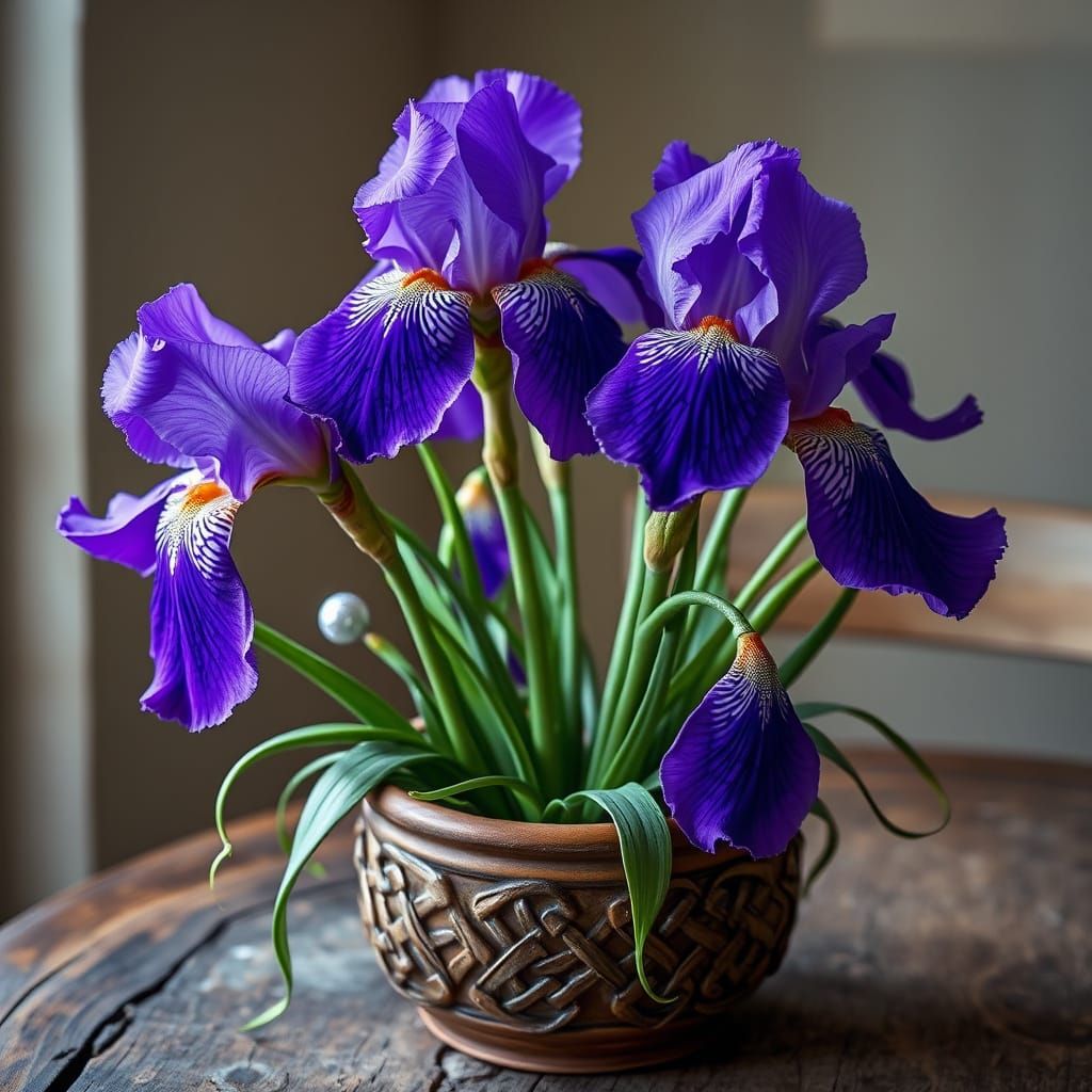 Luminous Purple Irises with Celtic Mesh and Silver Accents