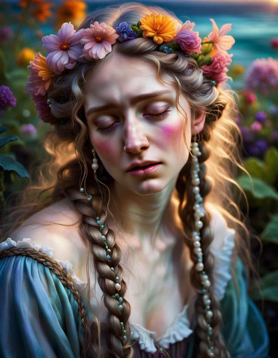 Crying Fairy in Luminous Garden Setting