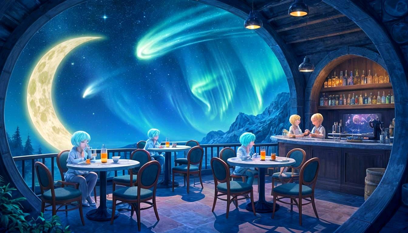Celestial Cafe Among Stars in Digital Painting Style