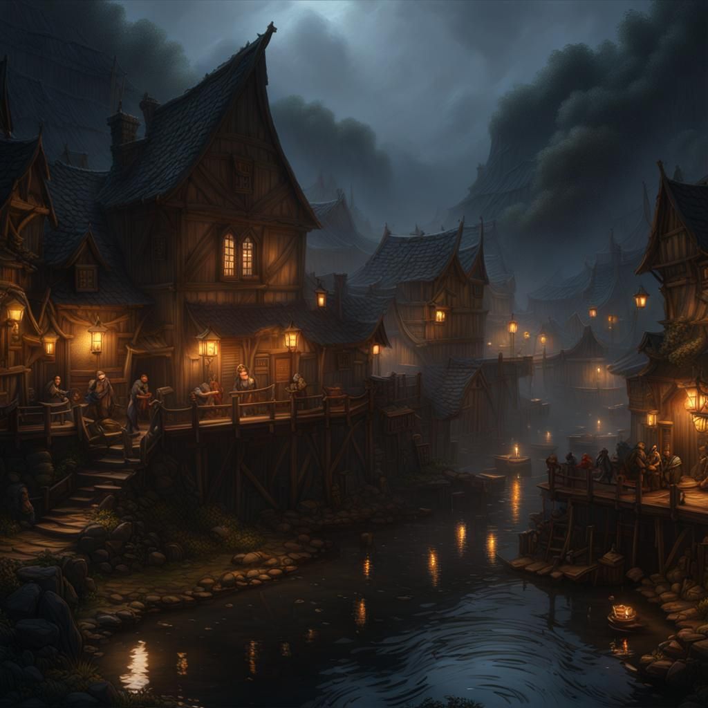 Nighttime Fishing Village: Dark Fantasy Concept Art