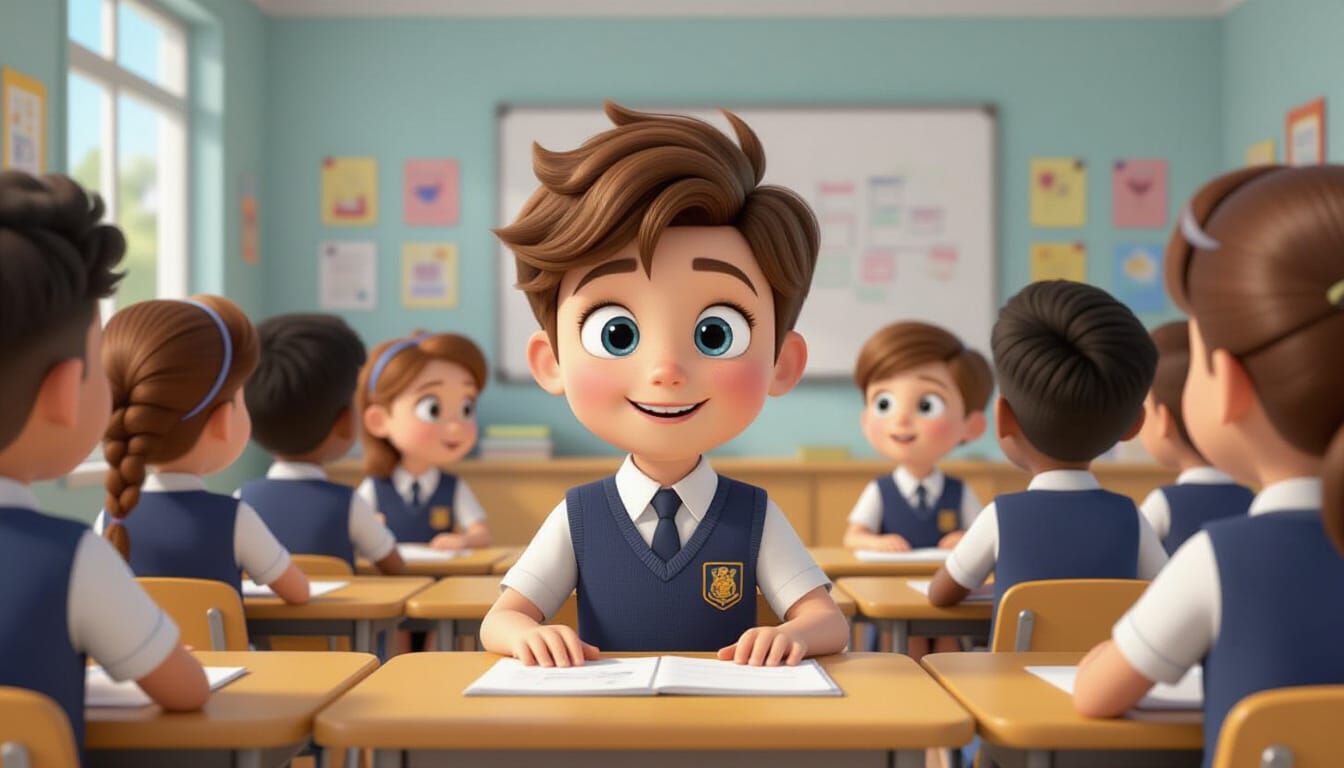 Young Boy in Disney-Style Classroom Scene