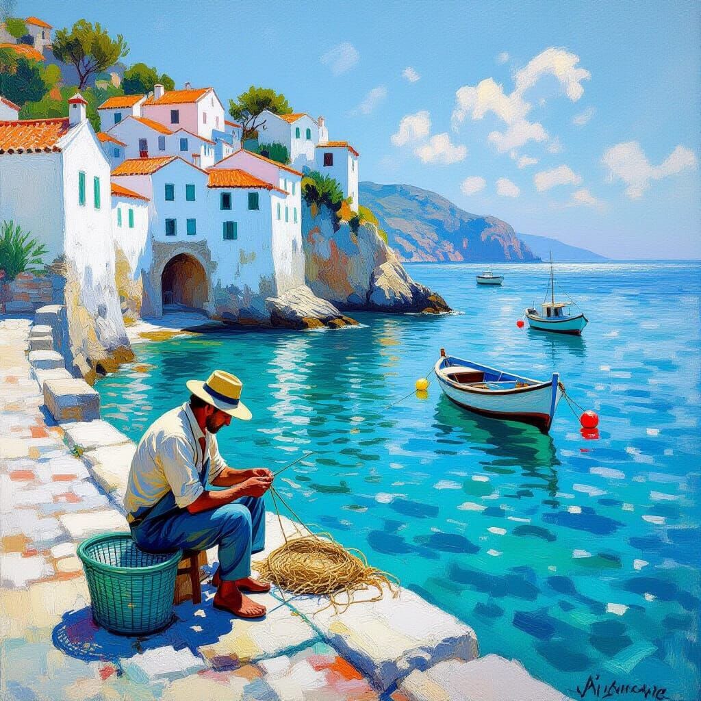 Fisherman Mending Nets on Sunlit Dock, Mediterranean Village