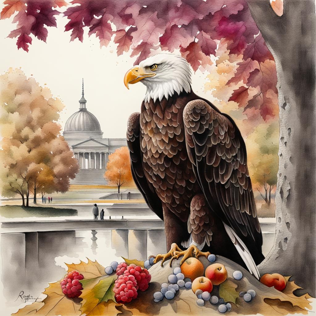 Eagle Relaxing in Autumn Park: Graphite Art