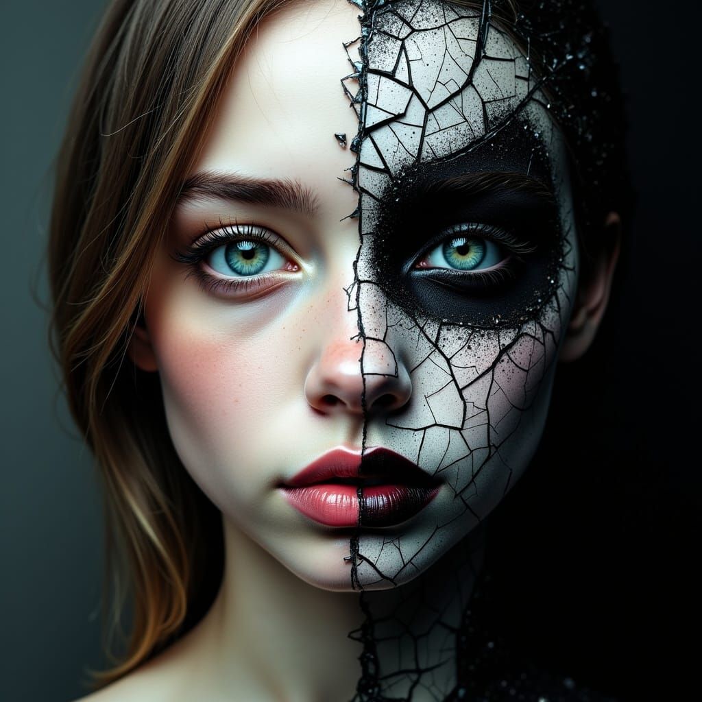Shattered Split Face Portrait of Girl and Evil Fairy