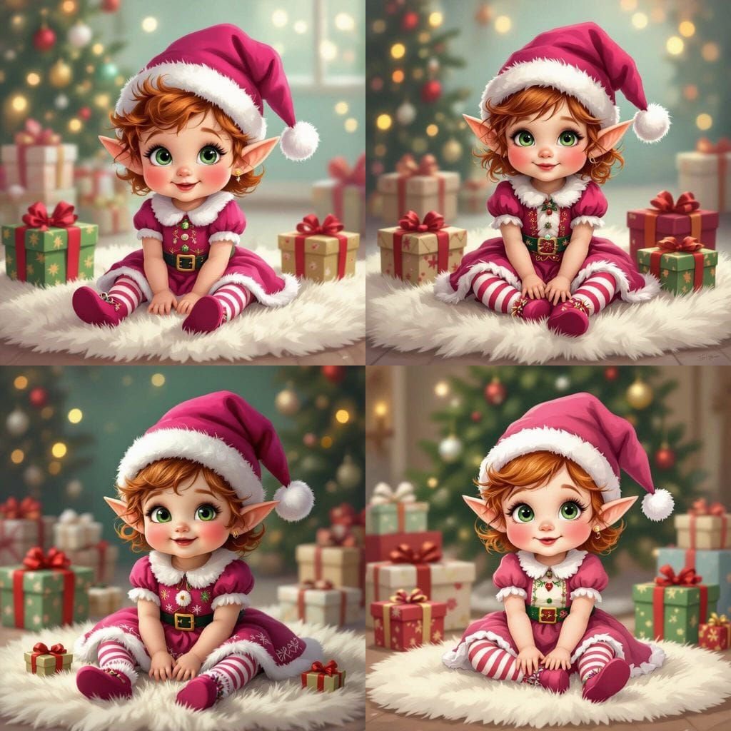 Cheerful Baby Elf in Fuchsia Hat with Gifts
