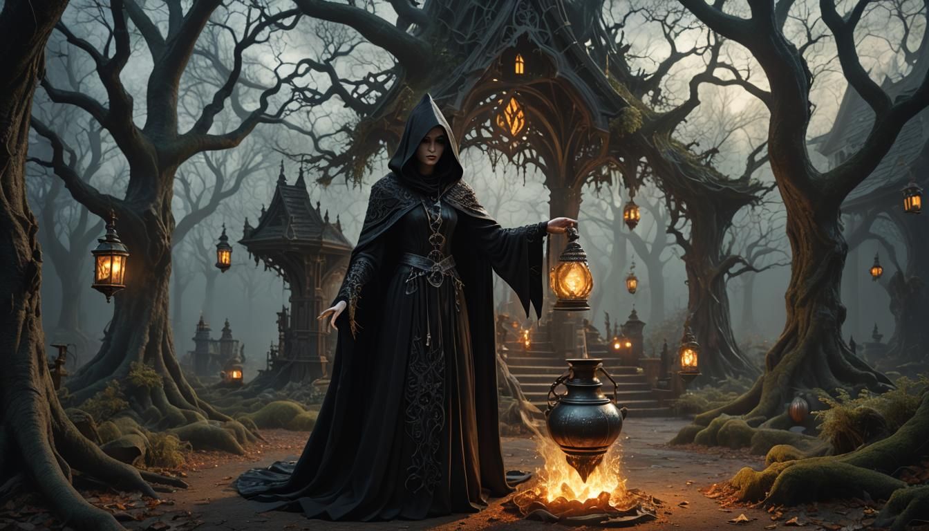 Gothic Witch Brewing Potions in D&D Style