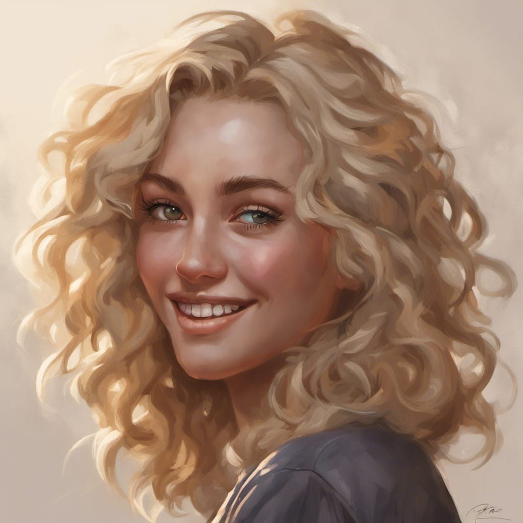Portrait of Smiling Blonde Woman, Detailed Digital Art