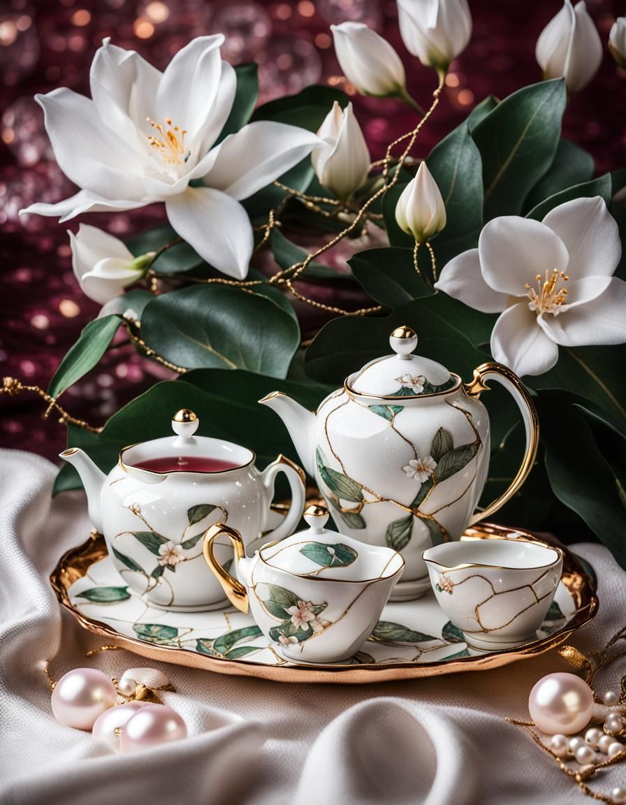 Luxury Kintsugi Tea Set with Flowers, Hyperrealistic Photo