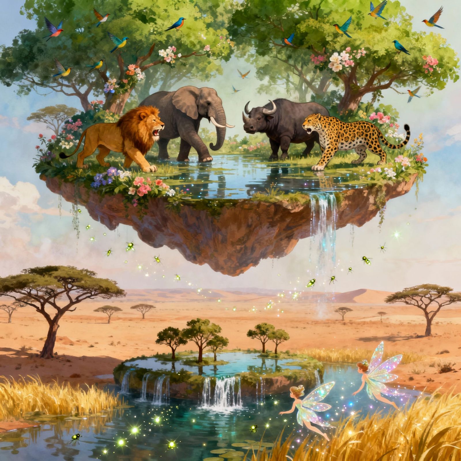 African Savannah Meets Floating Oasis with Wildlife