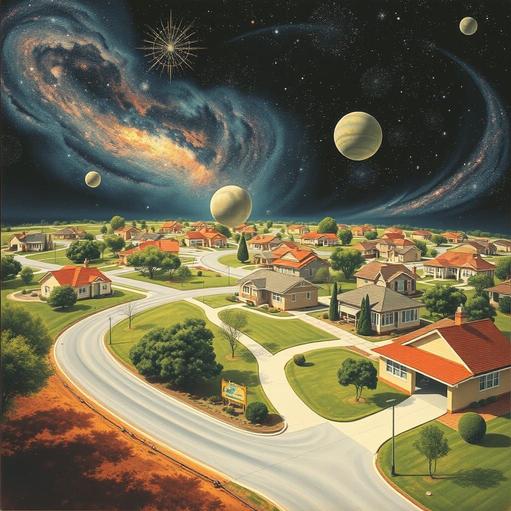 Surreal Retro-Futuristic Suburb in Space