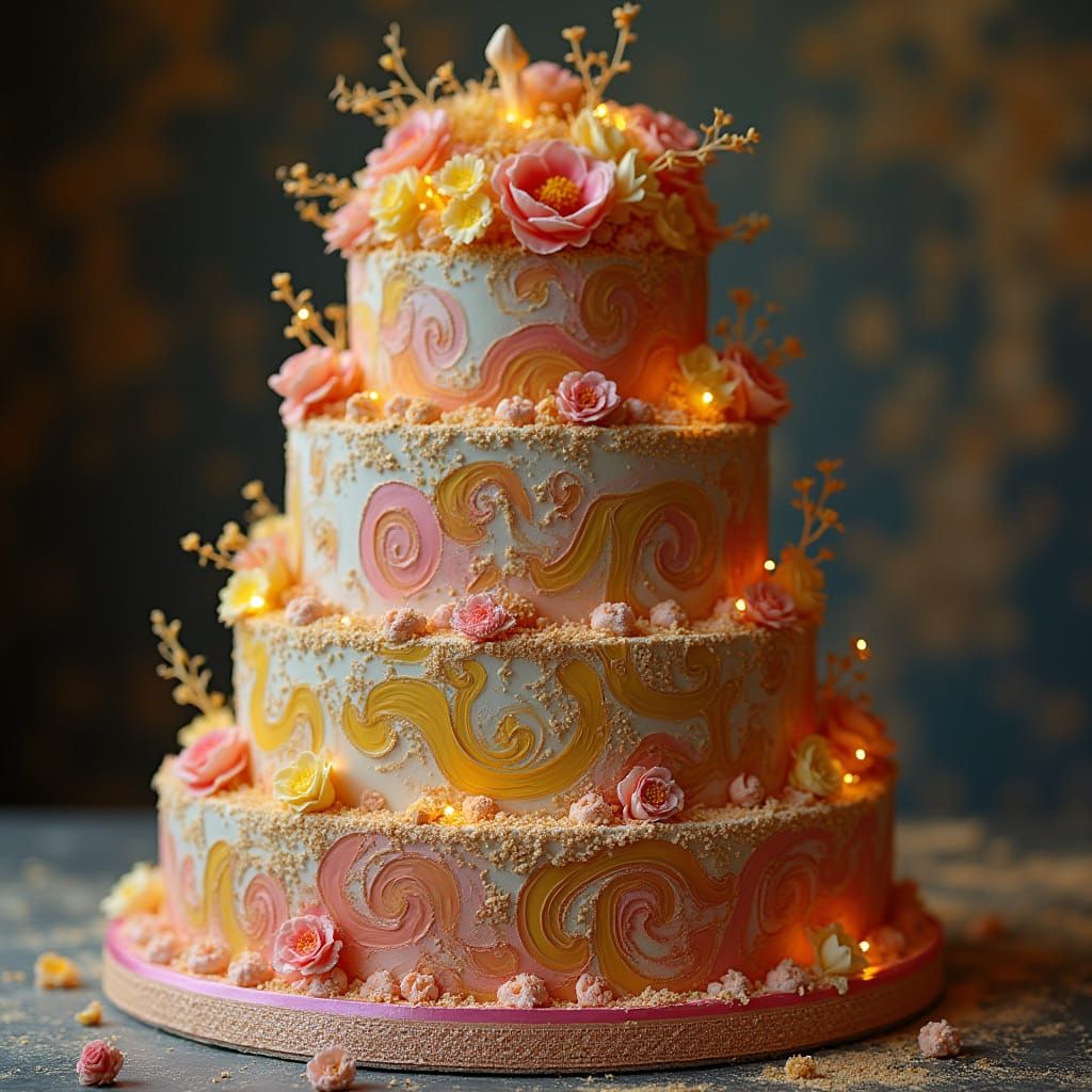 Decadent Cake with Swirling Patterns, Digital Artwork