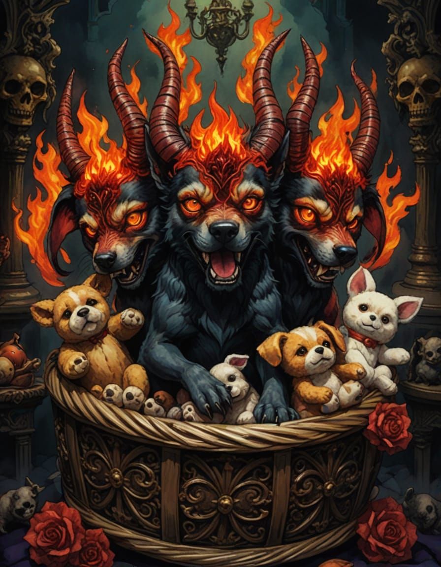Creepy Cute Anime Cerberus in Dog Basket