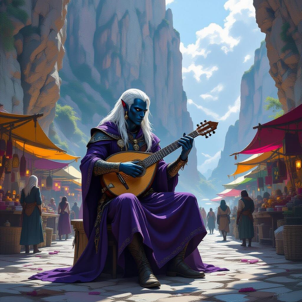Drow Bard Busking in Vibrant Cliffside Market