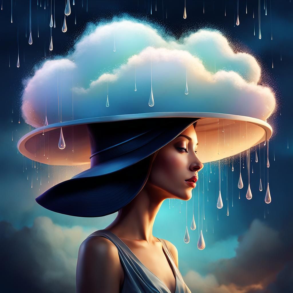 Fantastical Cloud Hat with Raindrops Digital Painting