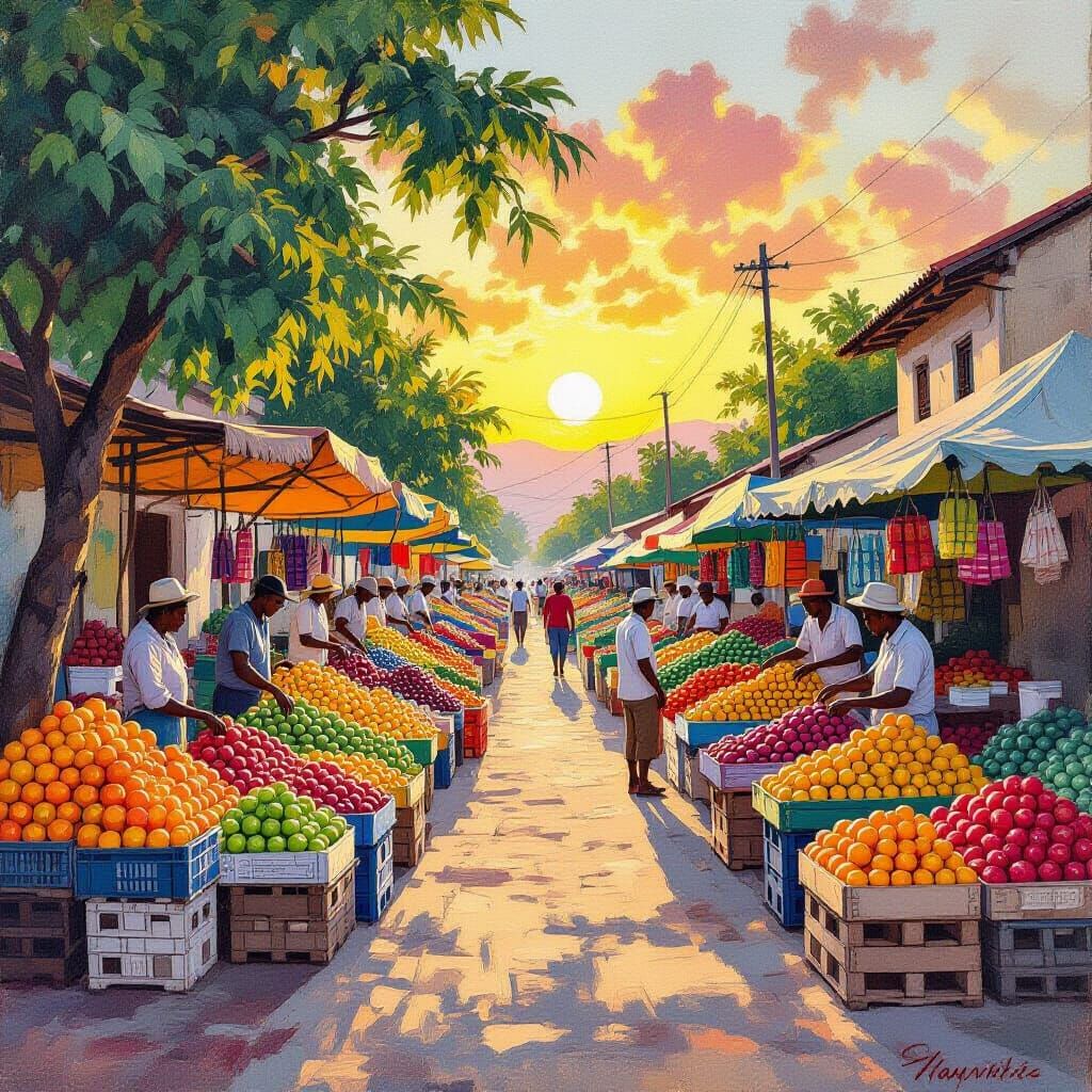 Haitian Village Market at Sunset: Abundant Fruits in Gouache...