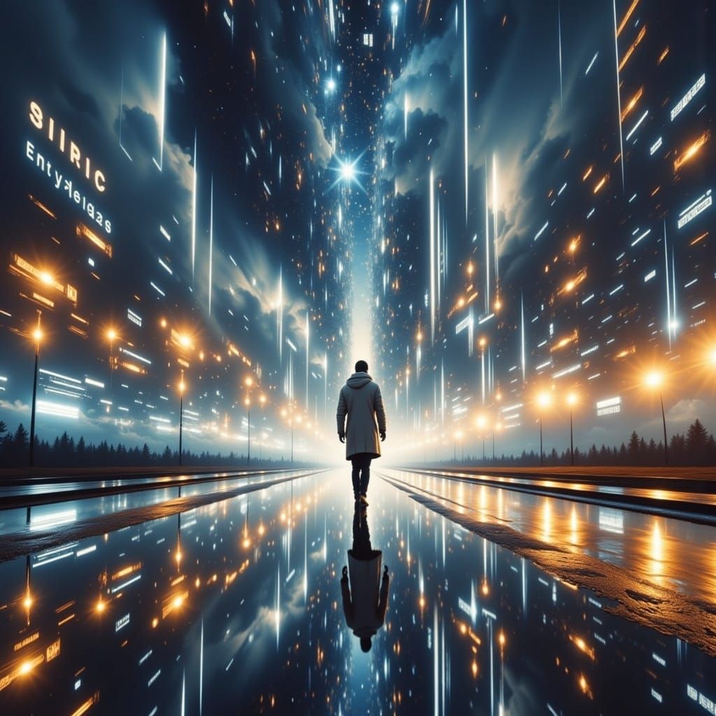 Cosmic Flux: A Person Walks Through an Empty Void with a Cit...