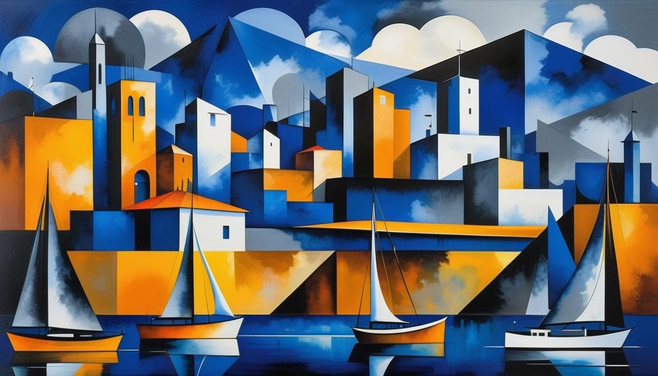 Foggy Harbor City in Cubist Watercolor Style