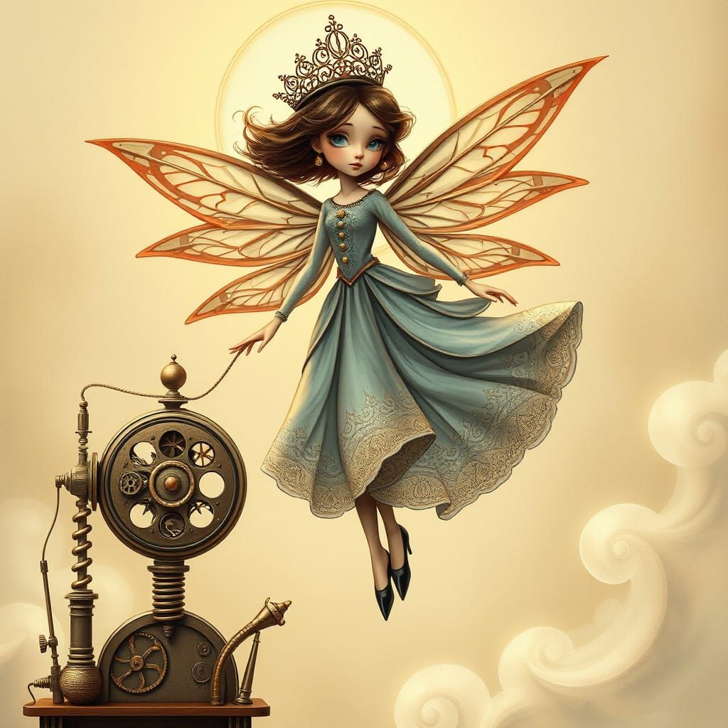 Whimsical Fairy in Victorian-Inspired Gown Amidst Mechanical...