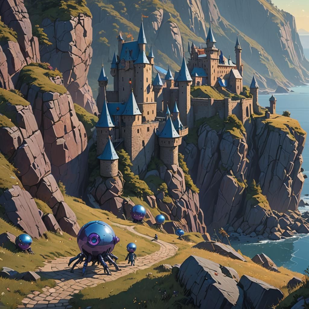 Medieval Castle with Metal Creatures, Simon Stalenhag Style