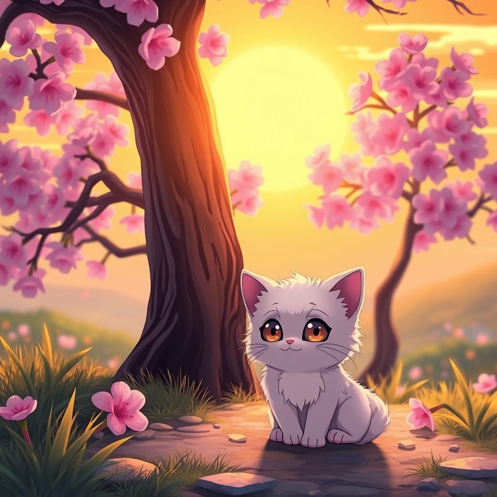 Fantasy Land with Cat and Sakura Tree in Anime Style