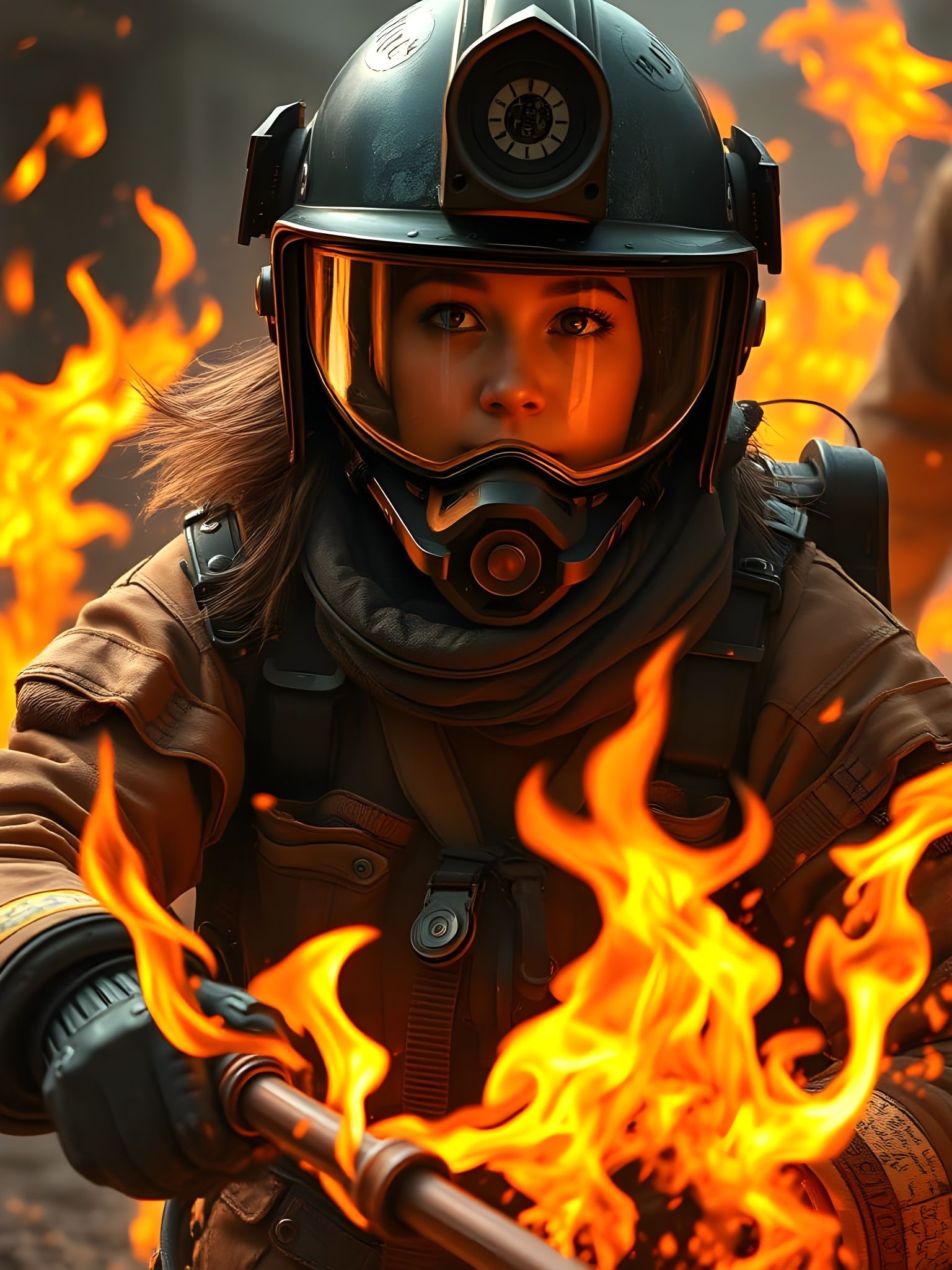 Firefighter Battling Flames in Gritty Style