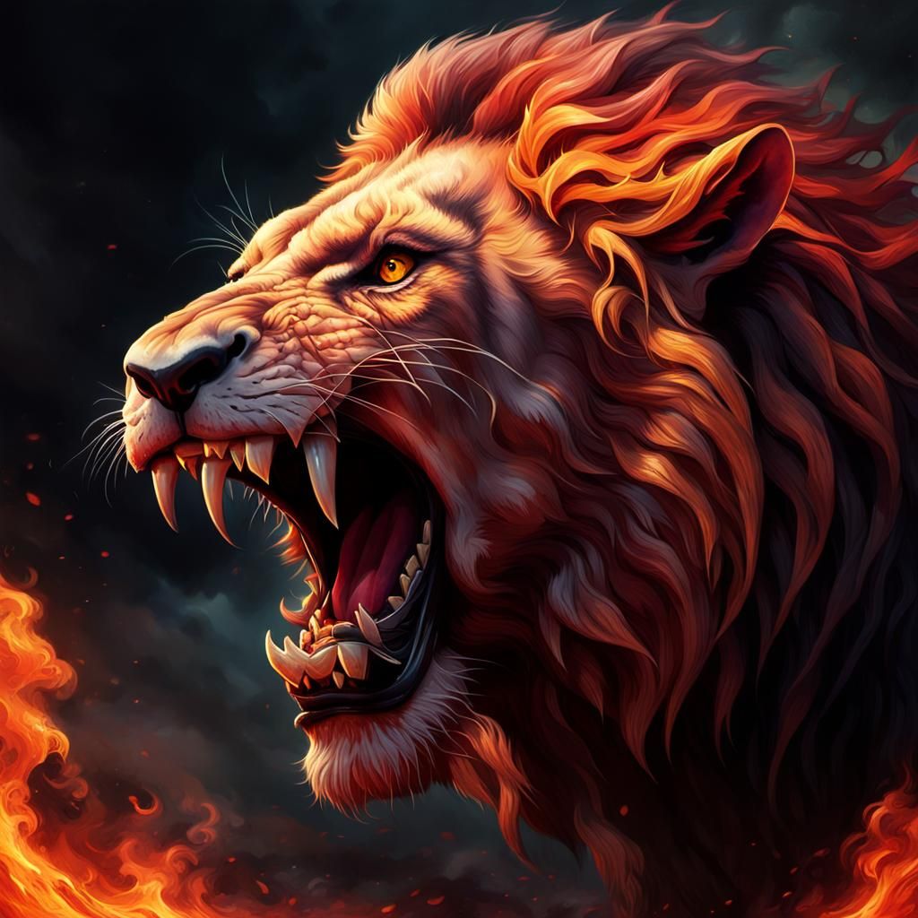 Lion Devouring Demon in Hellish Landscape