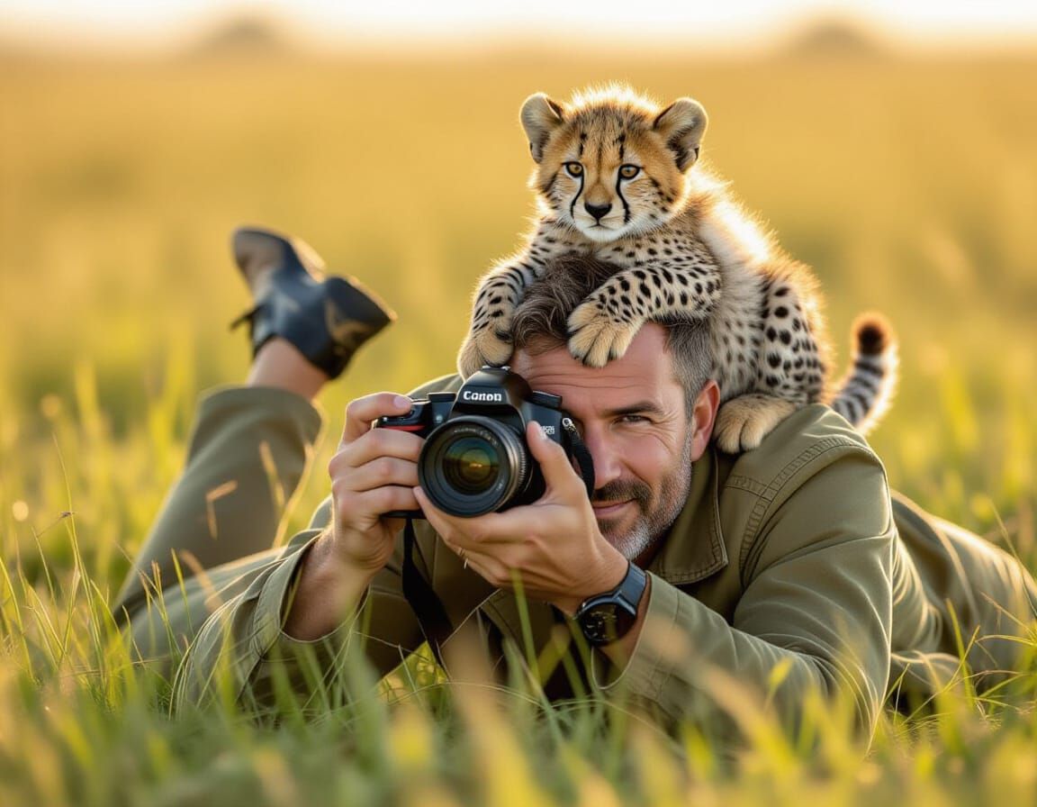 Wildlife Photographer and Cheetah Cub in Serene Savanna