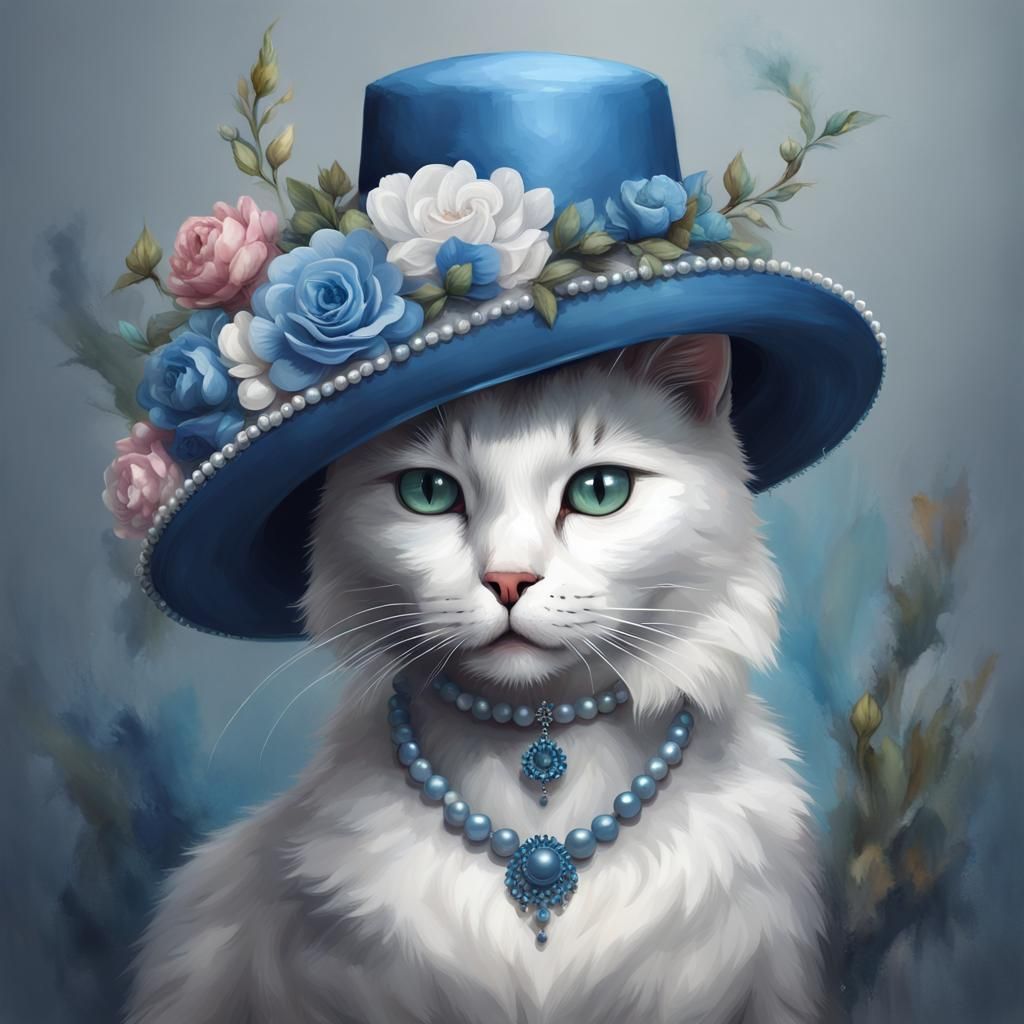 Elegant White Cat with Blue Hat, Oil Painting Style