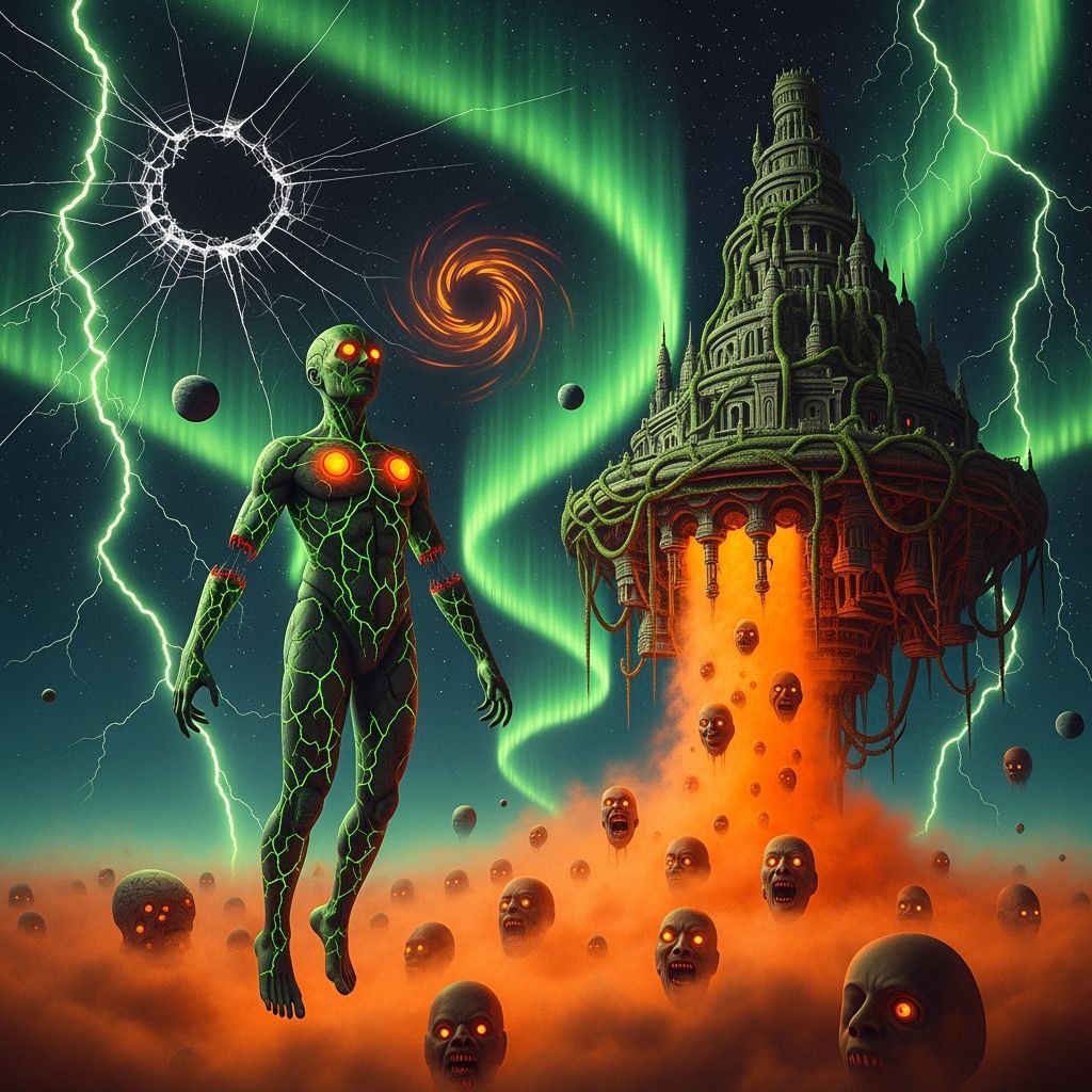 Surreal Cosmic Horror: Floating Alien Figure in Space