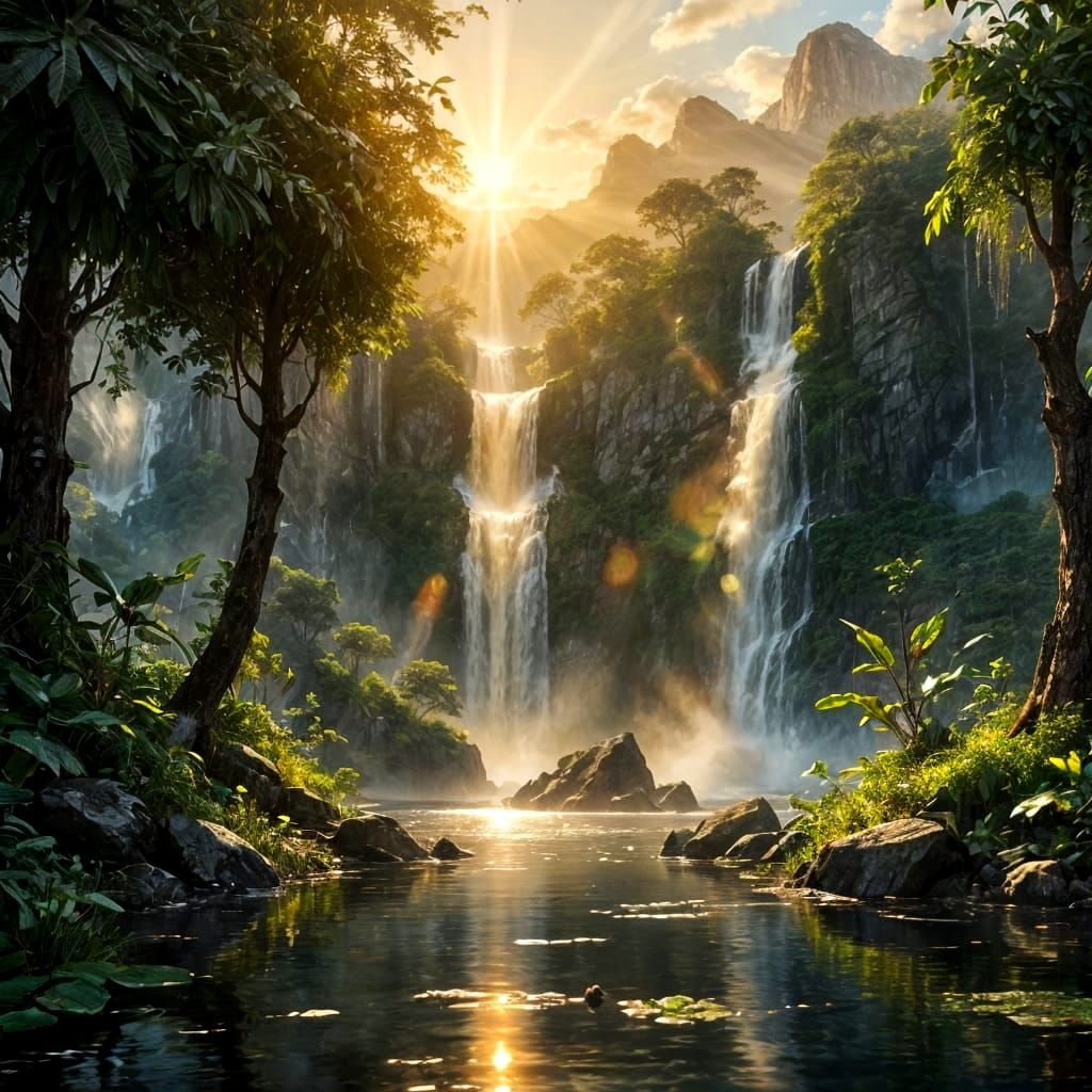 Amazon Waterfalls at Sunrise with Crepuscular Rays