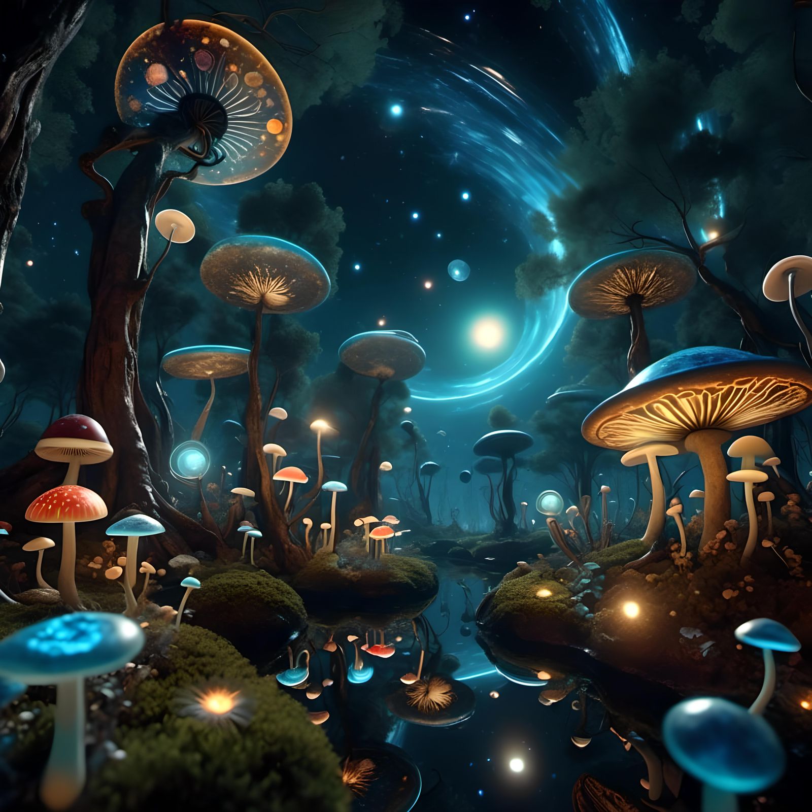 Miniature Solar System in Bioluminescent Forest