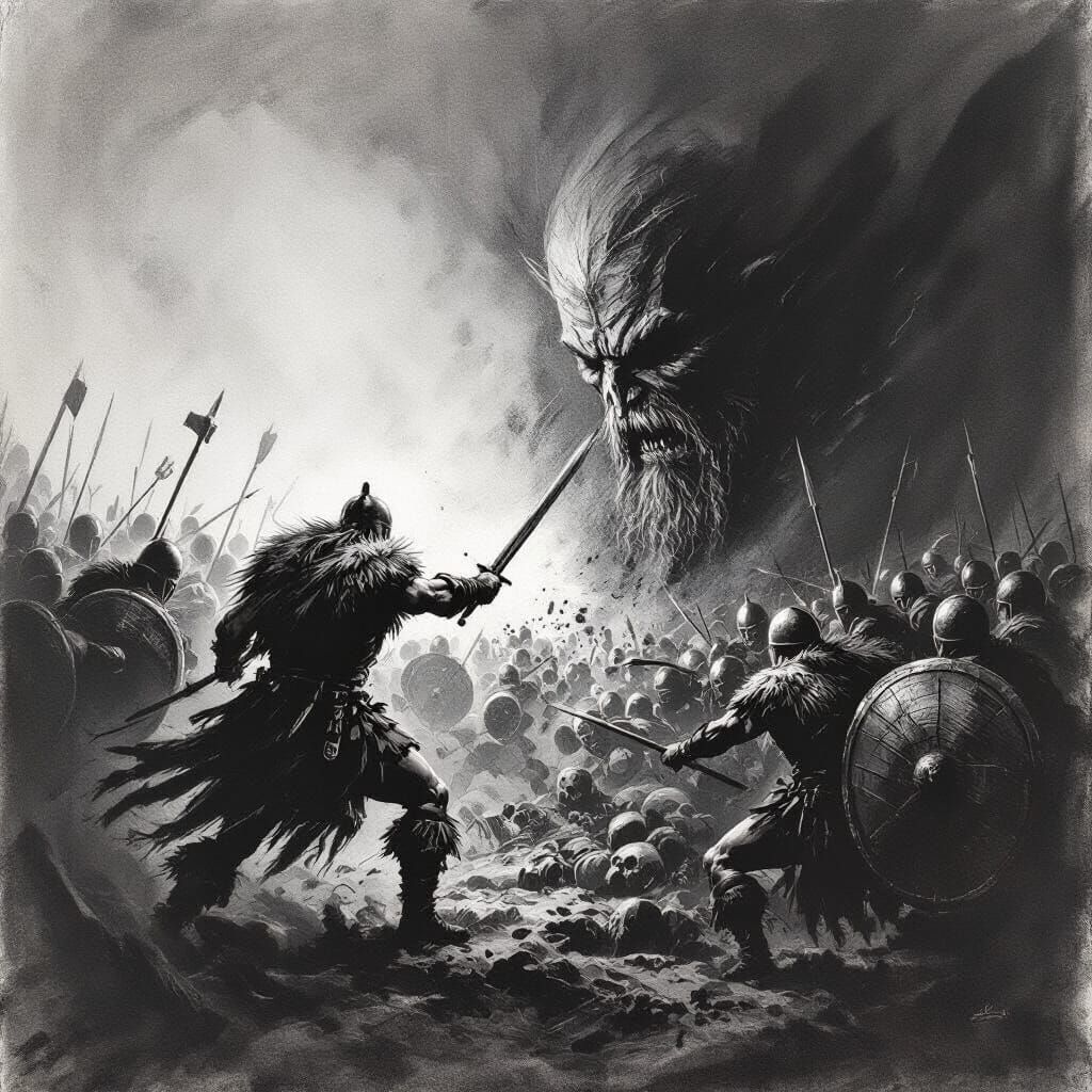 Viking Horde Battles Living and Dead in Charcoal Drawing
