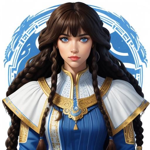 Young woman blue eyes with long curly brown braided hair wit...