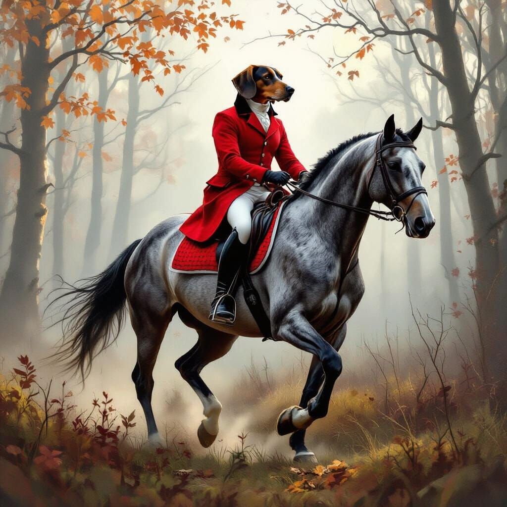 Hound in Red Coat Rides Horse Through Misty Forest