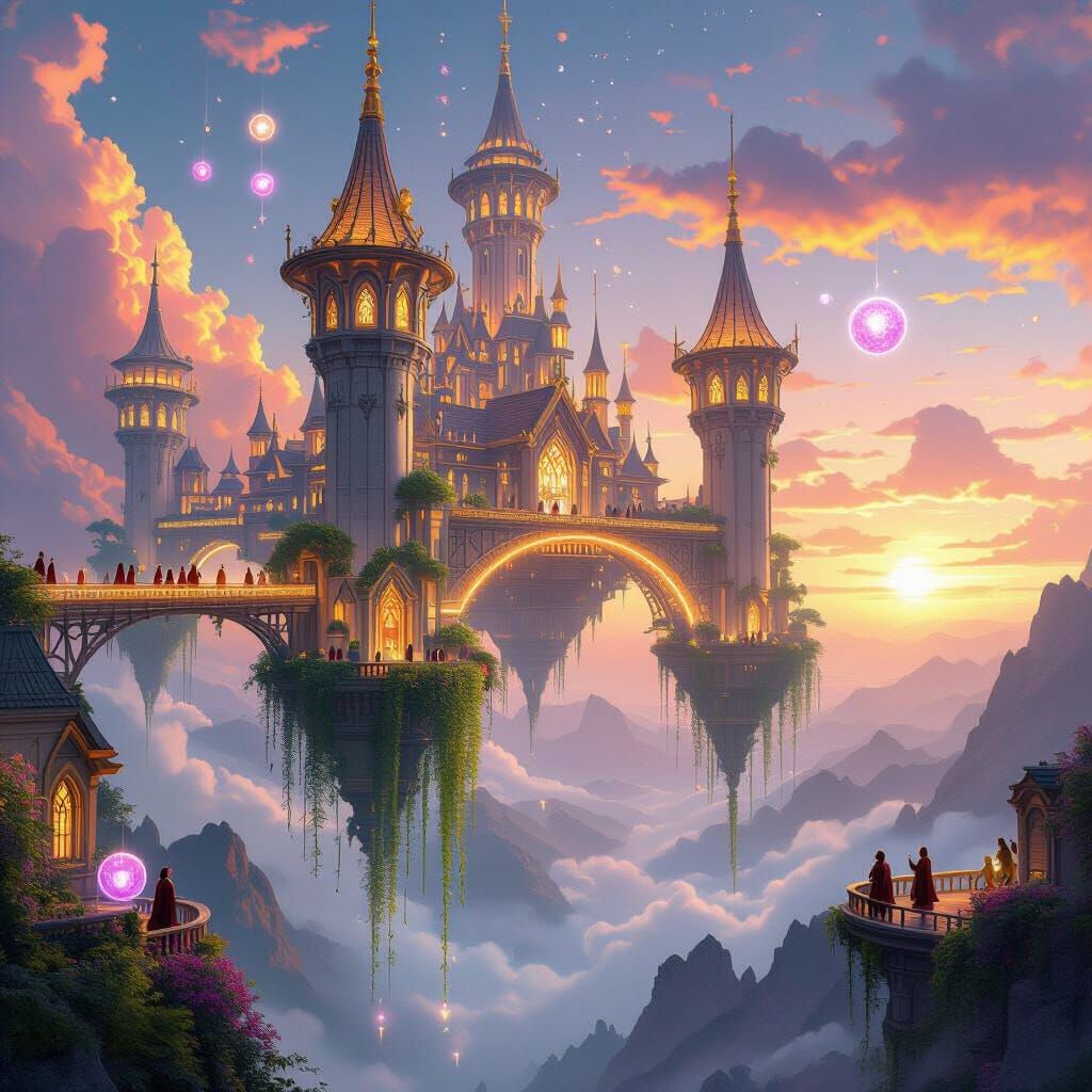 Floating Magical Academy in Sunset Sky