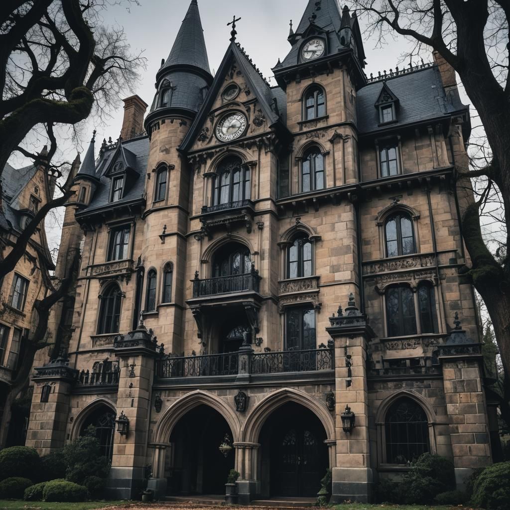 Gothic Mansion with Clock Tower in Digital Painting Style