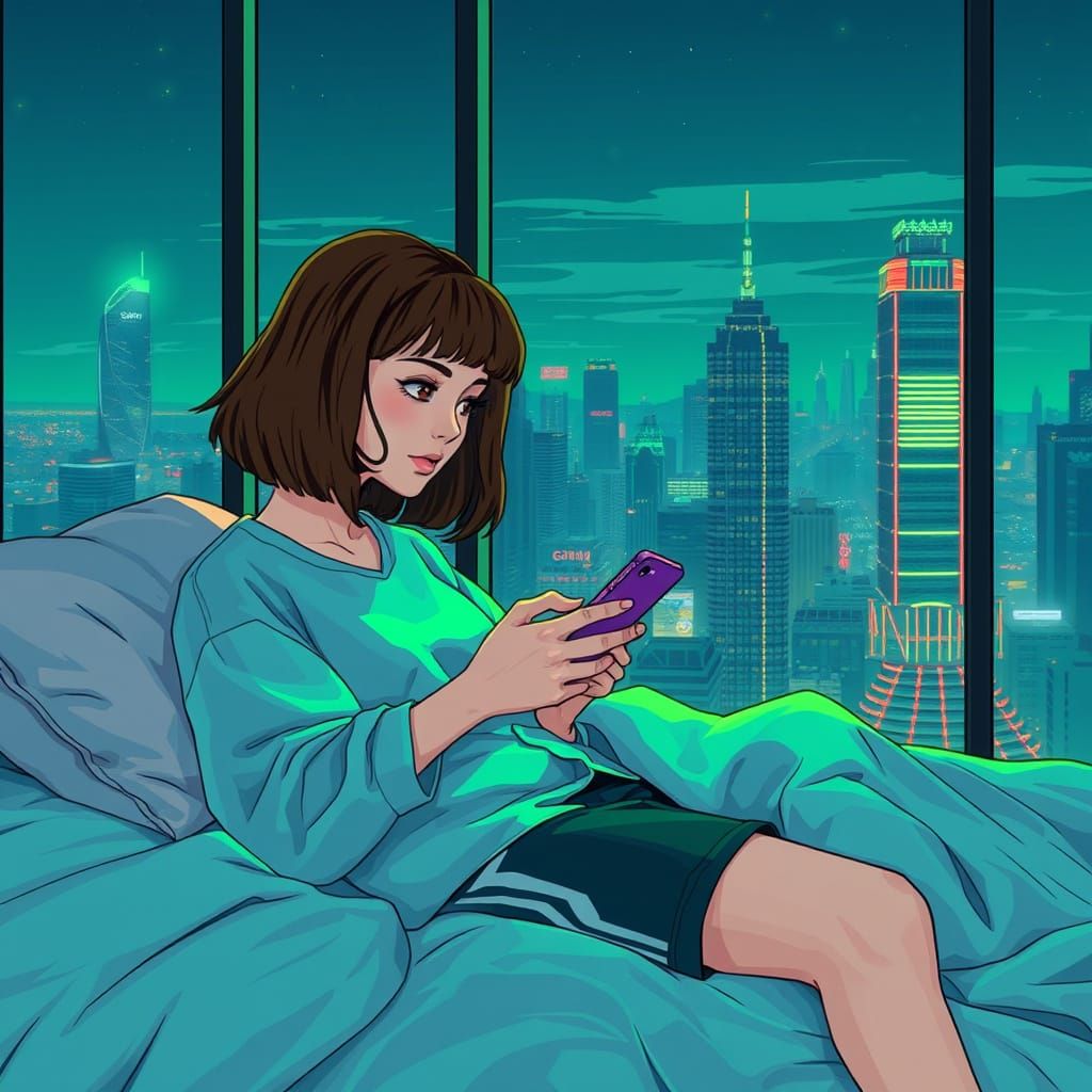 Dreamy Retro-Futuristic Girl in Neon-Lit Cityscape