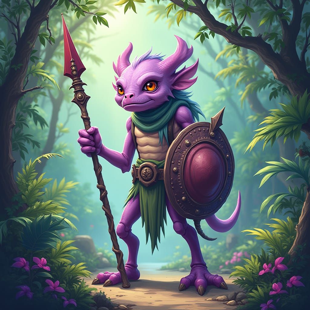 Lilac Reptilian Fantasy Creature Hunting in Jungle